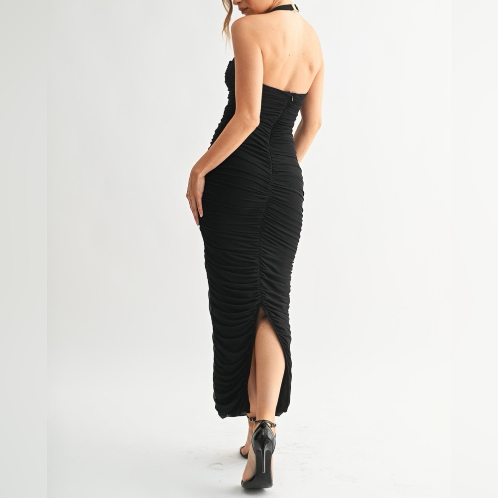 NWT Bow Detail Halter Neck Bodycon Ruched Mesh Maxi Dress - Picture 8 of 11